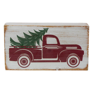 Wooden Block with Vintage Red Truck and Tree Christmas Decoration - 6"