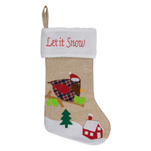 19" Beige and Red Burlap "Let It Snow" Bird Christmas Stocking