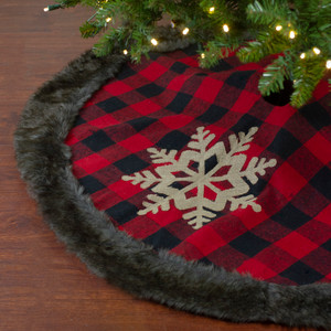 48-Inch Red and Black Christmas Tree Skirt with Burlap Snowflake