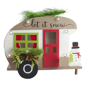 Pine and Snowman RV "Let It Snow" Christmas Decoration - 12" - Red and Green