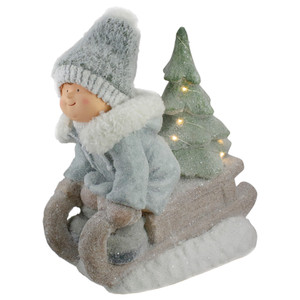 Lighted Boy on a Sled with Tree Christmas Decoration - 15" - Warm White Lights