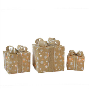 Lighted Snowflake Burlap Gift Boxes Outdoor Christmas Decorations - Clear - Set of 3