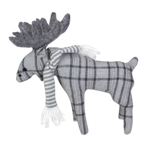 Checkered Moose with Striped Scarf Christmas Figure - 10" - Gray