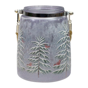 6.25" Hand-Painted Pine Trees and Cardinals Flameless Glass Christmas Candle Holder