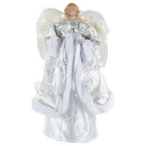 18" Lighted White and Silver Angel in a Dress Christmas Tree Topper - Warm White Lights