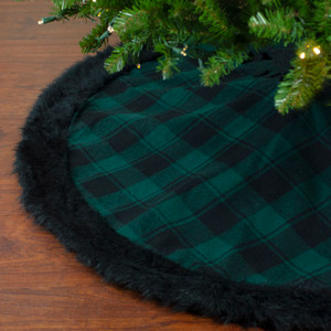 48" Green and Black Plaid Christmas Tree Skirt with Faux Fur