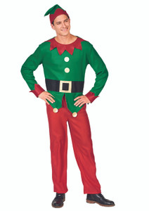 40" Red and Green Men's Elf Costume With a Christmas Santa Hat - Standard Size