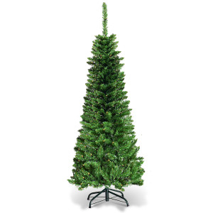 Costway 4.5ft Pre-Lit Hinged Pencil Christmas Tree 150 White Lights