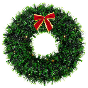 17-Inch Pre-Lit Green Tinsel Artificial Christmas Wreath with Bow - Clear LED Lights