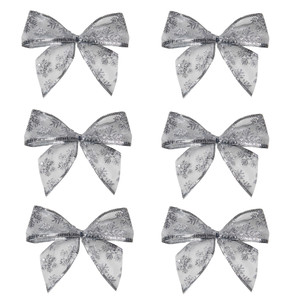 Sheer Snowflake 2-Loop Christmas Bow Decorations - 5.5" - Silver - Pack of 6