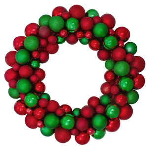 Red and Green 3-Finish Shatterproof Ball Christmas Wreath - 24-Inch, Unlit