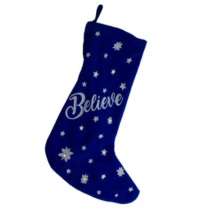 18" LED Blue Stocking "Believe" with White Snowflakes