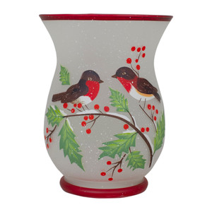 8" Hand Painted Finches and Pine Glass Christmas Candle Holder