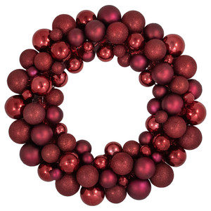 Burgundy 3-Finish Shatterproof Ball Christmas Wreath - 24", Unlit