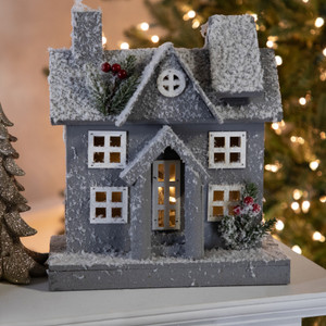 Lighted Snowy House Christmas Decoration - 11" - Gray