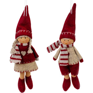 Set of 2 Boy and Girl Hanging Doll Christmas Ornaments 8"
