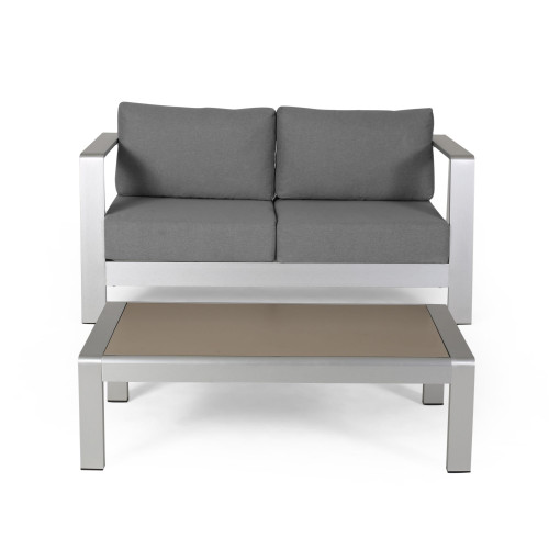 2pc Gray and Silver Contemporary Outdoor Patio Loveseat with Coffee Table 56.75"
