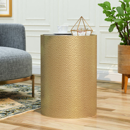 22.25" Gold Contemporary Hammered Cylindrical Accent Table