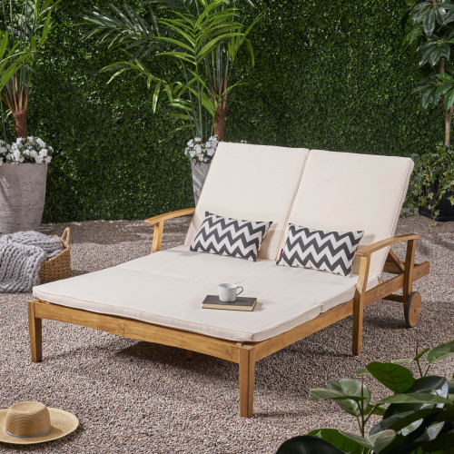 79.25" White and Brown Outdoor Patio Double Chaise Lounge