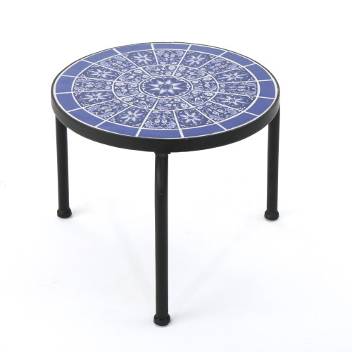 13" White and Blue Contemporary Outdoor Patio Round Side Accent Table
