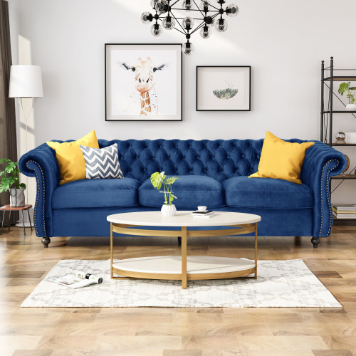 84.5" Blue and Brown Traditional Tufted Sofa with Scroll Arms
