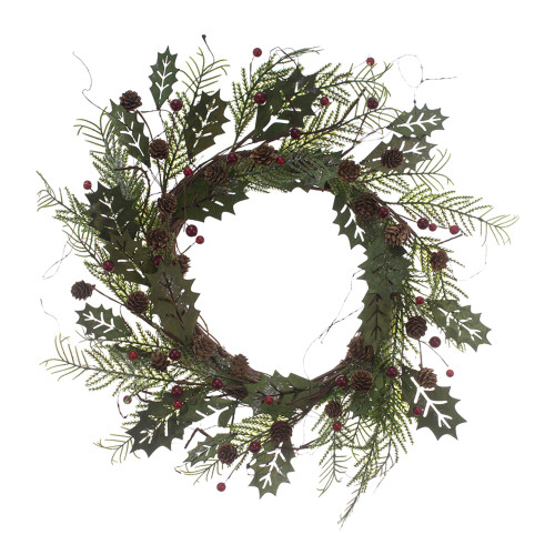 10" Wooden Green Holly Leaf with Brown Pine Wreath