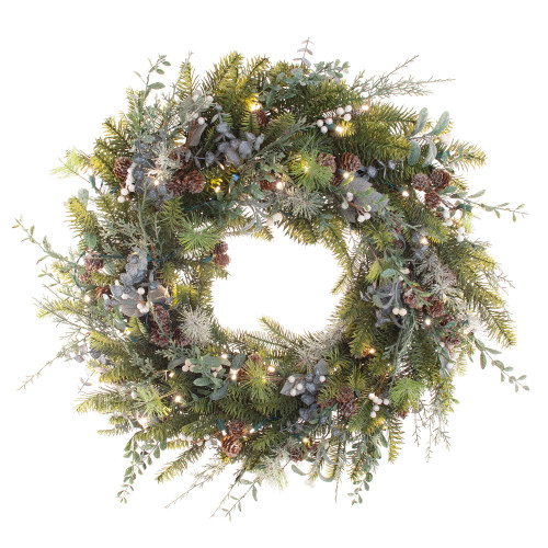 30" Battery Operated Green Rustic White Berry LED Artificial Christmas Wreath - Warm Clear Lights