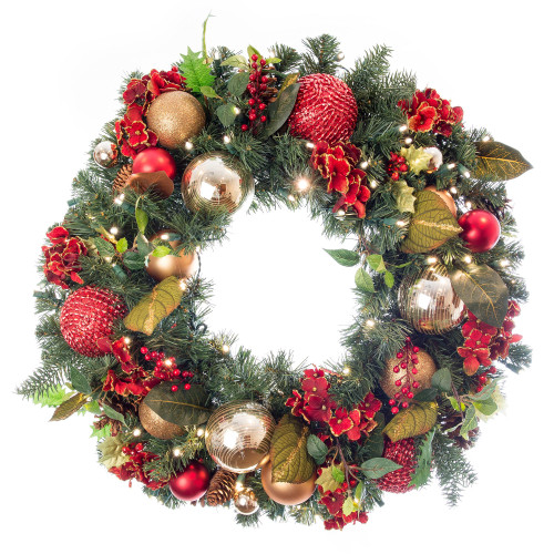 30" Battery Operated Green Scarlet Hydrangea LED Artificial Christmas Wreath - White Lights