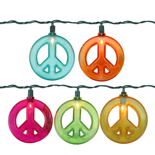 Set of 10 Multi-Colored Peace Sign Christmas Lights - 10 ft Green Wire