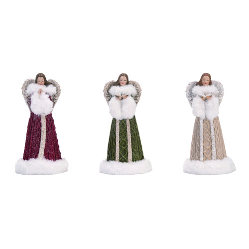 Set of 3 Red and White Angel with Fur Accent Sweater Christmas Figurines 9"
