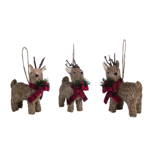 Set of 3 Brown and Red Sweet Reindeer Christmas Ornaments 6"