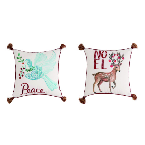 Set of 2 White Dove and Deer Square Christmas Throw Pillows 16"