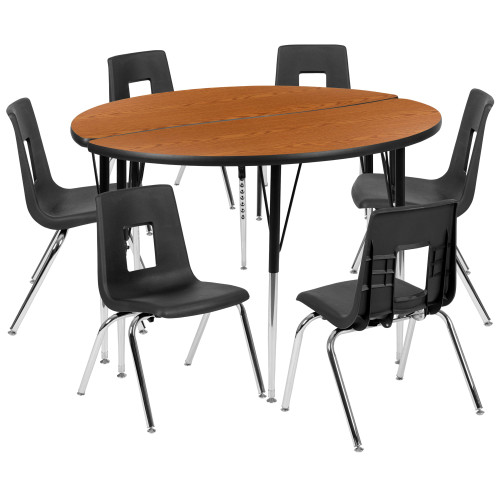 8-Piece Oak Brown and Black Collaborative Activity Table Set 48"