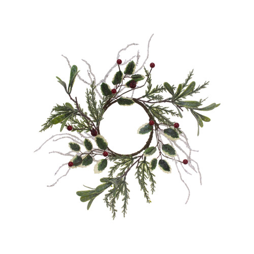 Set of 4 Snowy Twig Red and Green Cypress Candle Ring