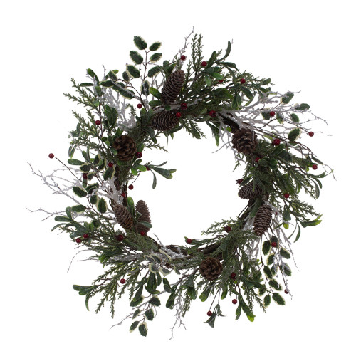 24" White Snowy Green Cypress Christmas Twig Wreath