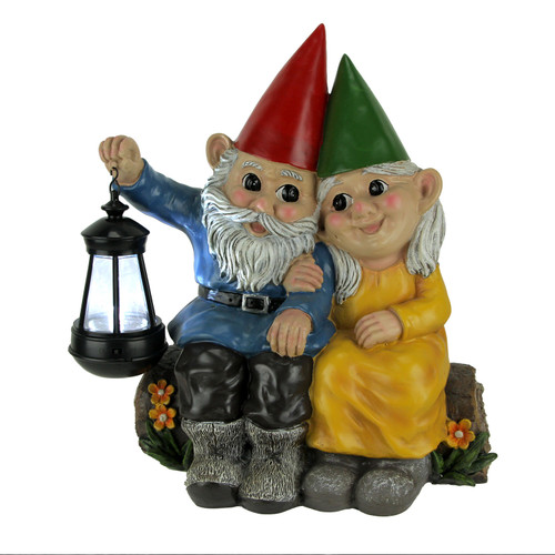 Light of Our Love Gnome Couple Sitting On Log Solar Lantern Statue