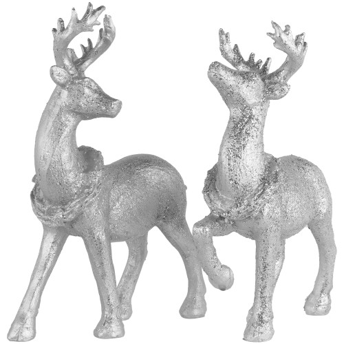 Glitter Dusted Reindeer Christmas Figurines - Set of 2 - Silver Finish