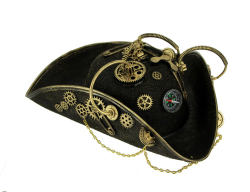 Black and Gold Steampunk Pirate Hat Adult Halloween Costume Accessory