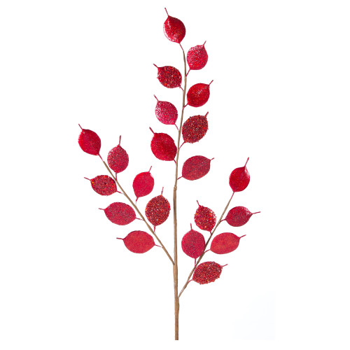 Pack of 12 Red Leaves with Silver Dollar Glitters Artificial Paper Spray, 34.25"