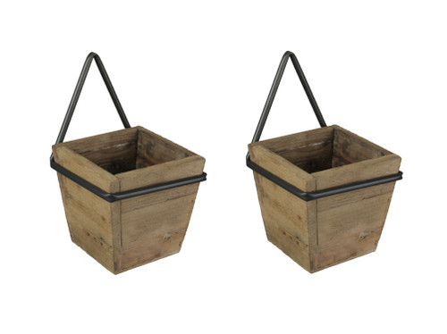 Set of 2 Wooden Wall Planters With Wrought Iron Frame Holders
