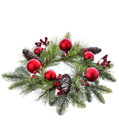 13" Red and Green Shatterproof Frosted Pine Berry Ball Ornament Candle Ring