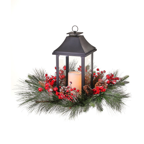 21" LED Lighted Frosted Berry Pine Christmas Lantern Candle Holder