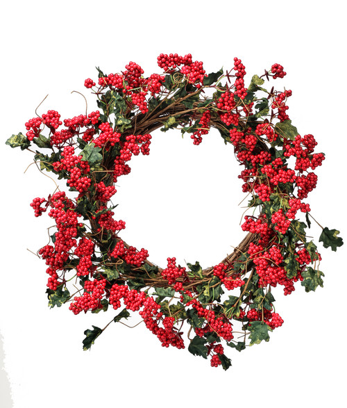 22" Red and Green Unique Mini Grape Berry Cluster Artificial Leaf Wreath