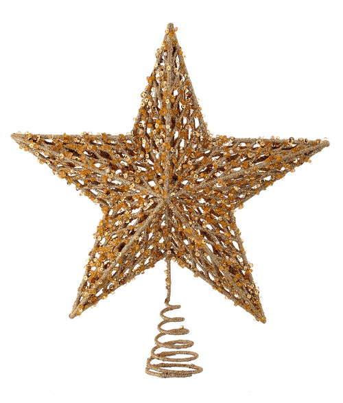 13" Gold Sequin Bead Glitter Star Christmas Tree Topper, Unlit