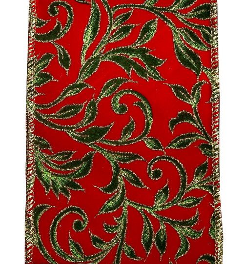 Set of 3 Red Printed Leaf Vine Velvet Wired Craft Ribbon 4" x 10' Yards