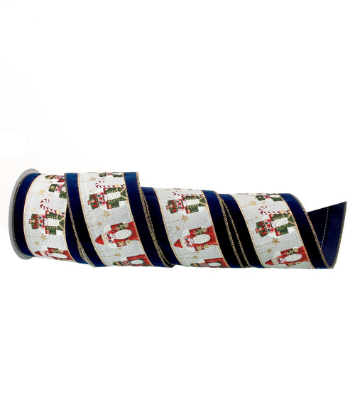 Navy Blue and White Nutcracker Christmas Wired Ribbon 4" x 10 Yards