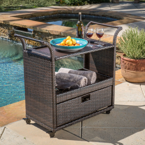39.75" Brown and Black Outdoor Patio Bar Cart with Wheels