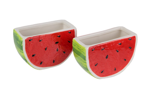 Set of 2 Watermelon Slice Ceramic Hand Painted Planters Decorative Flower Pots