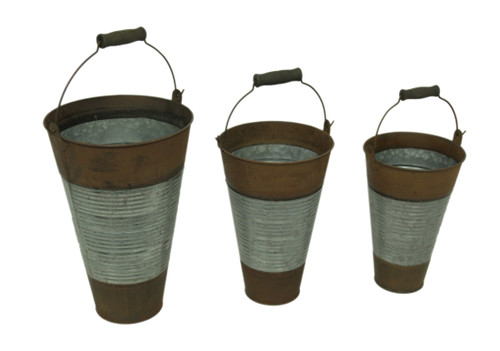 Ribbed Metal 3 Piece Rustic Pail Set with Wood Grip Handles
