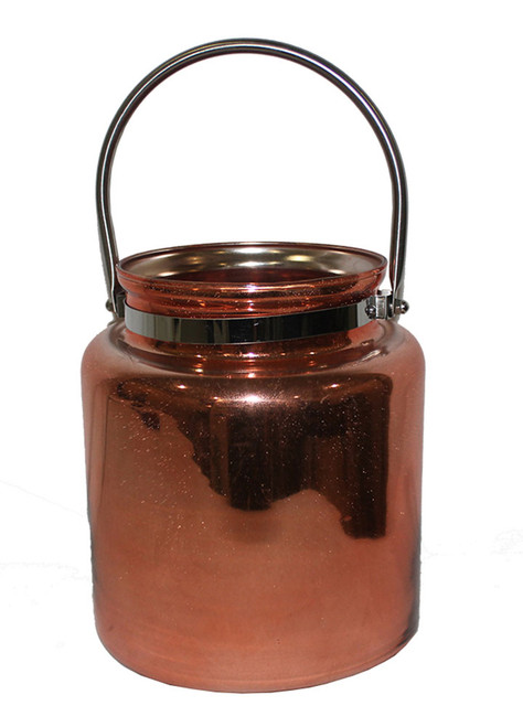 Copper Finished Glass Candle Lantern With Metal Handle 8 1/2 Inches Tall